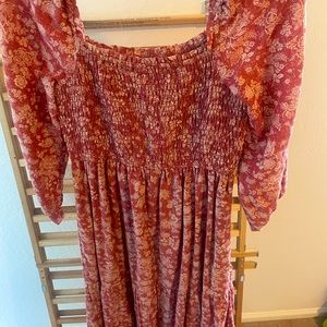 Lucky Brand Square Neck 3/4 Sleeve Floral Smocked Maxi Dress